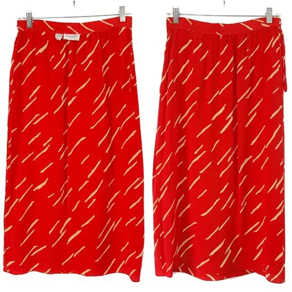 Vintage Christian Dior Red  Silk Wrap Front Midi Skirt Luxury Size 10 - Picture 15 of 16